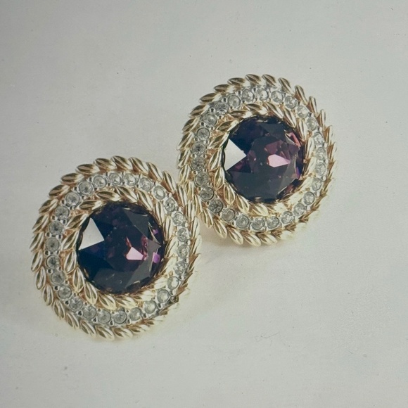 Swarovski SAL Rhinestone Dentelle Faceted Faux Amethyst Earrings - Picture 1 of 5